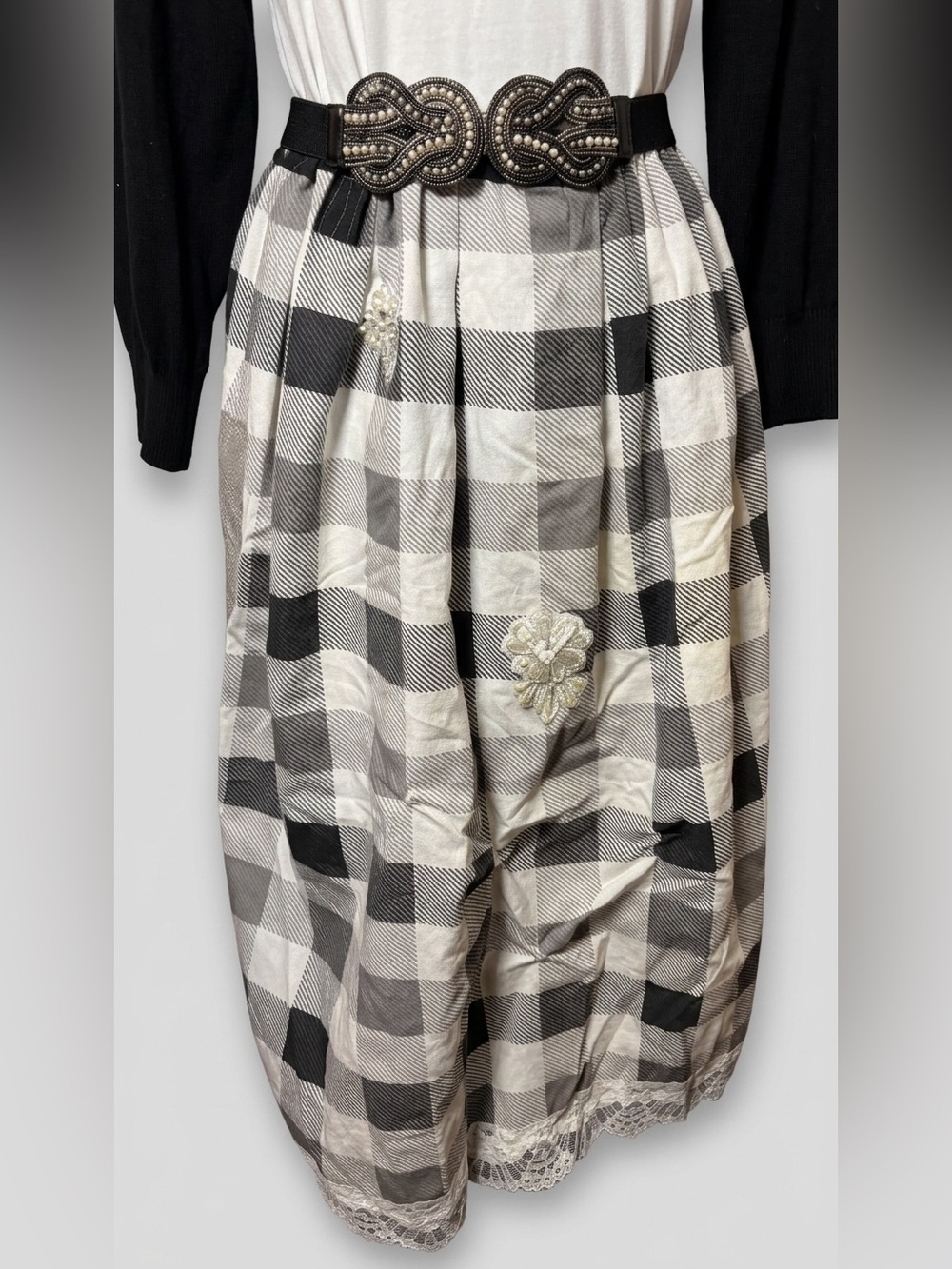 Upcycled Black and White Plaid Maxi Skirt Lace and Pearl Embellishments SZ 8-10